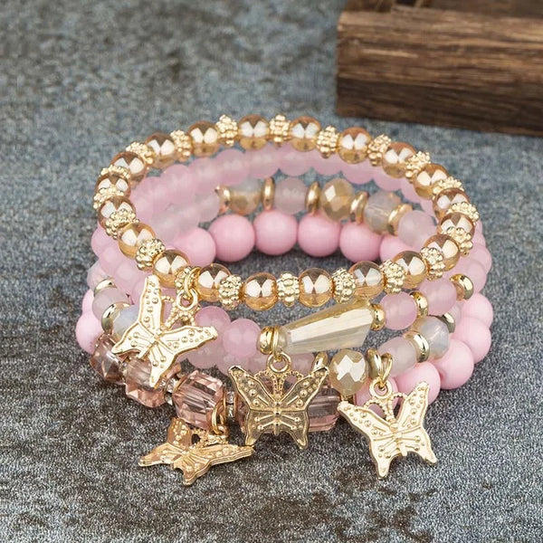 4Pcs Trendy Butterfly Beaded Bracelet Set For Women Pink Acrylic