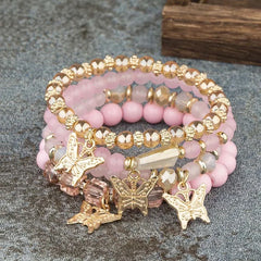 4Pcs Trendy Butterfly Beaded Bracelet Set For Women Pink Acrylic