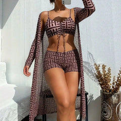 2026 New Geometric Print 3 Piece Bikini, Ruched Beach Swimwear