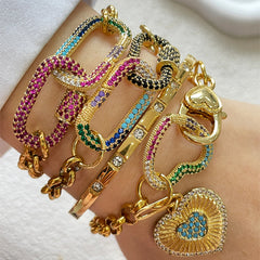 1 PC Gold Colorful Diamond Oval Buckle Bracelet, Paired with Gold Heart