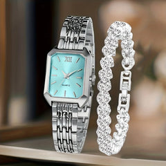 2PCS Fashion Rectangle Women Quartz Watch Rhinestone Bracelet Set