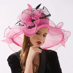 Women Elegant Sun Hats Wide Brim Organza Fedoras Wedding Derby