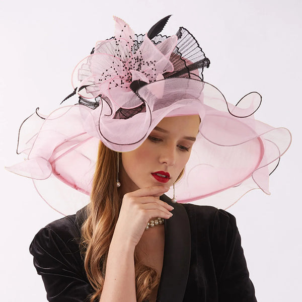Women Elegant Sun Hats Wide Brim Organza Fedoras Wedding Derby