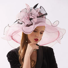 Women Elegant Sun Hats Wide Brim Organza Fedoras Wedding Derby