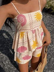 Elegant Folded Floral Print Italian Pasta Top with Vest And Shorts