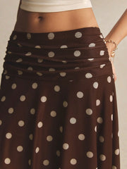 Women's Brown Polka Midi Skirt Flowy Boho Casual Date Skirt