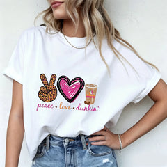 Plus Size Women Peace Love Dunkin Coffee Leopard Peace Sign Heart