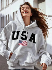 Women's USA Flag Print Hoodie Casual Long Sleeve Hooded