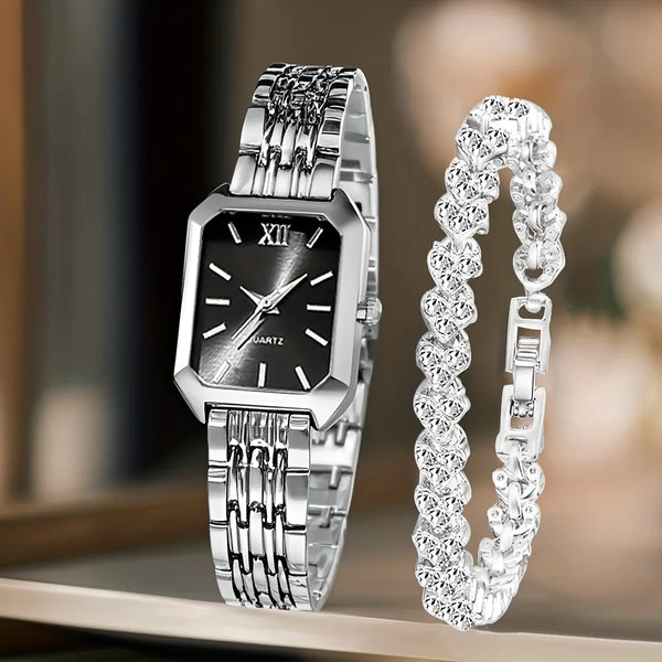2PCS Fashion Rectangle Women Quartz Watch Rhinestone Bracelet Set